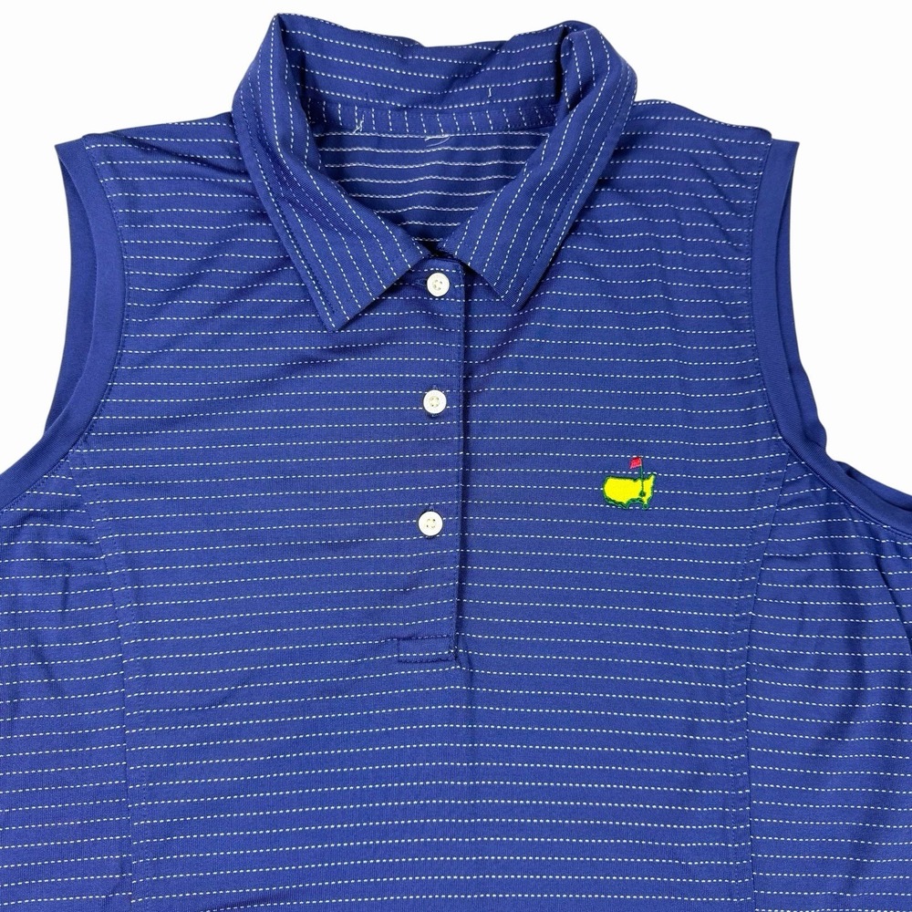 Women's Masters Sleeveless Polo‎ Top Medium/Large? Navy Blue Striped Golf Logo